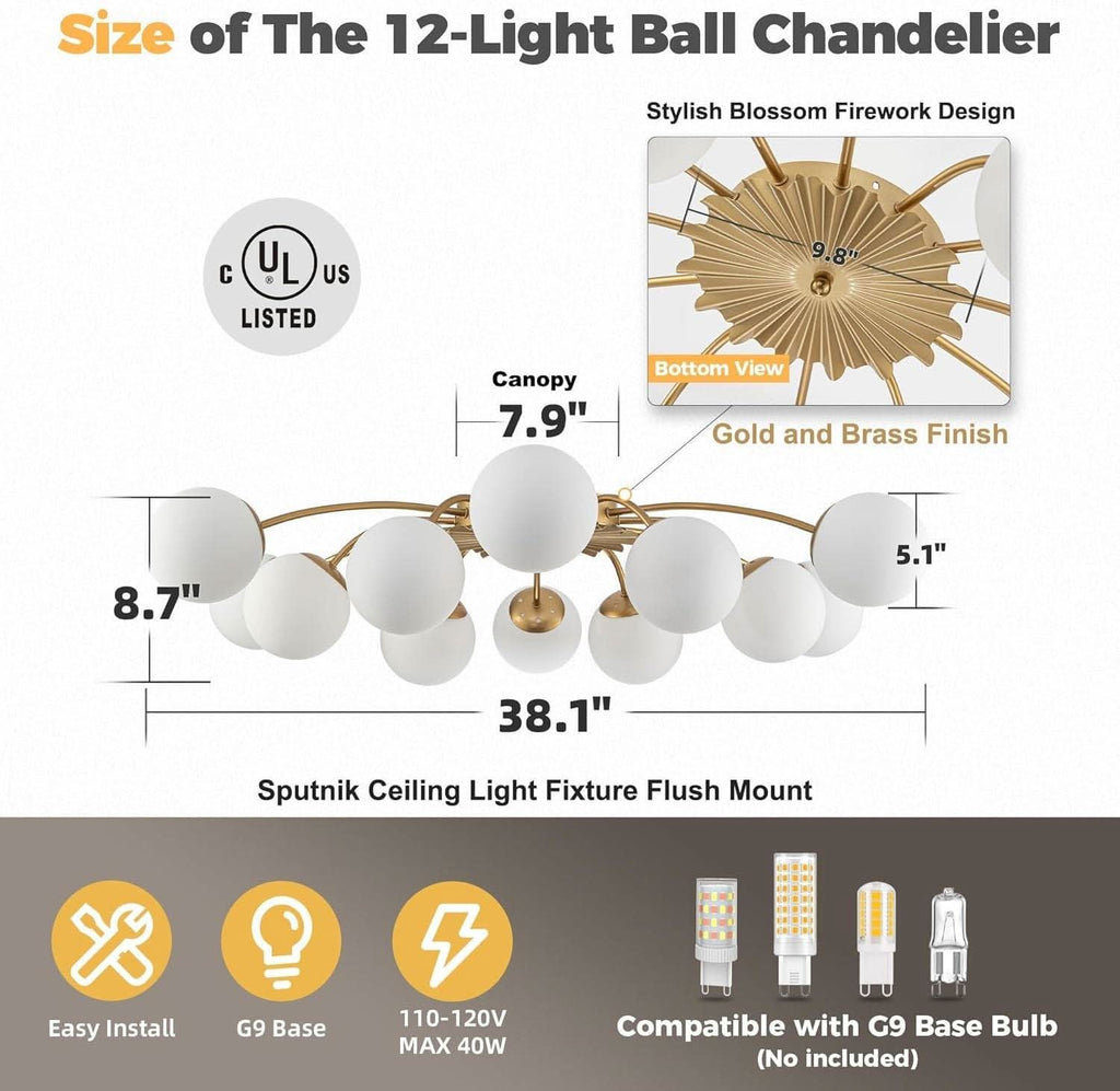 38 Inch Gold Sputnik Chandelier Opal Glass Design Ultra