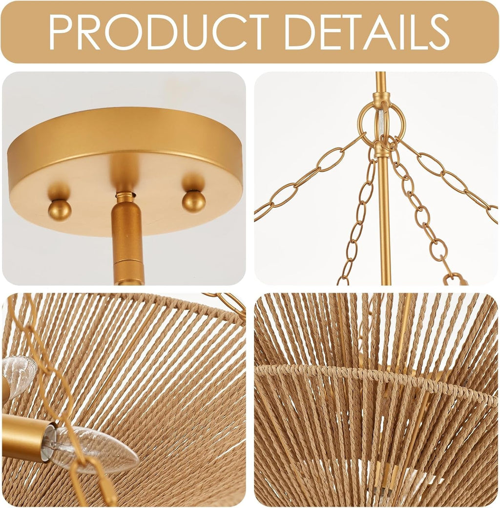 Gold Finish 5 Light Rattan Contemporary Chandeliers-4