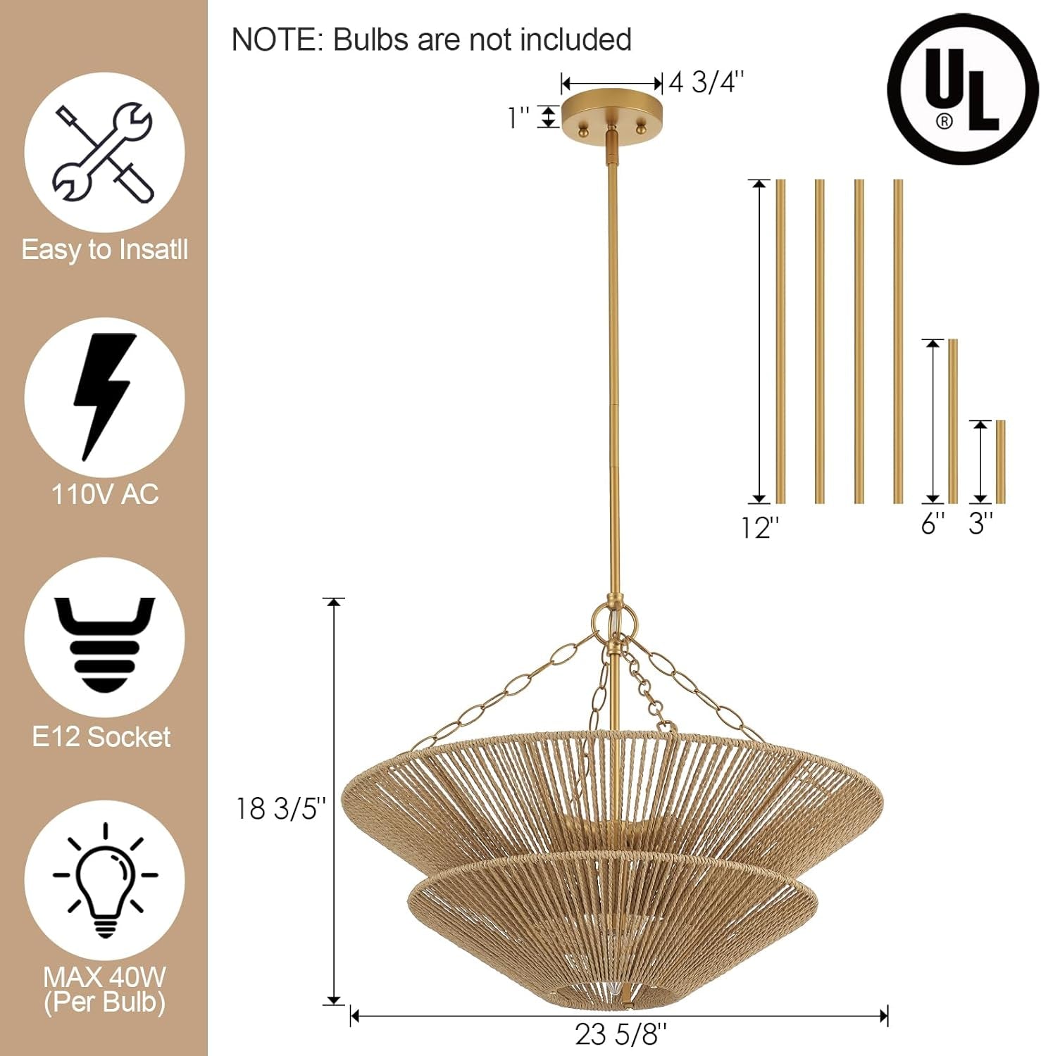 Gold Finish 5 Light Rattan Contemporary Chandeliers-3
