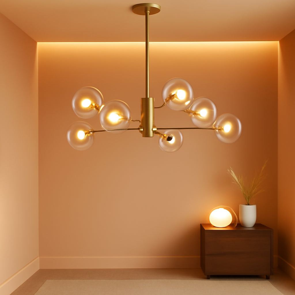 Eight Light Globe Sputnik Chandelier Brushed Brass