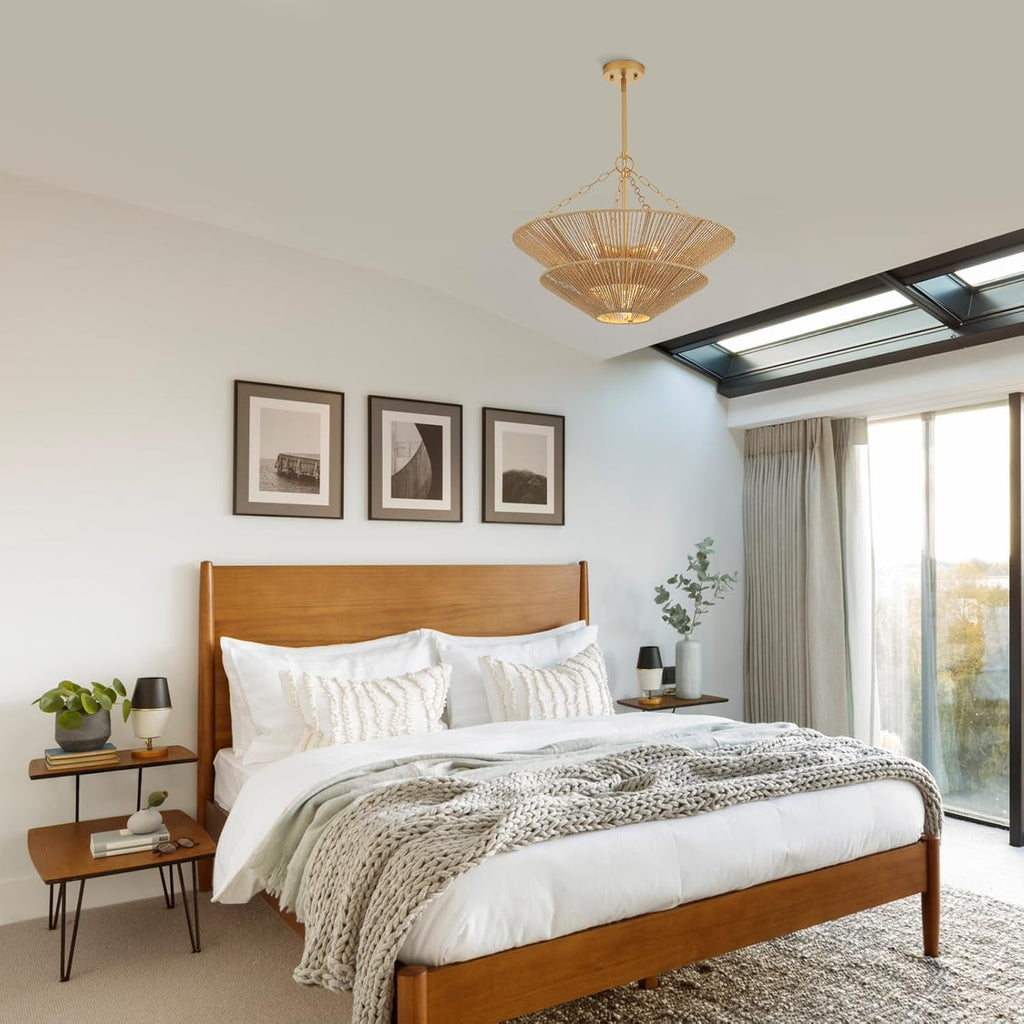 Gold Finish 5 Light Rattan Contemporary Chandeliers-2