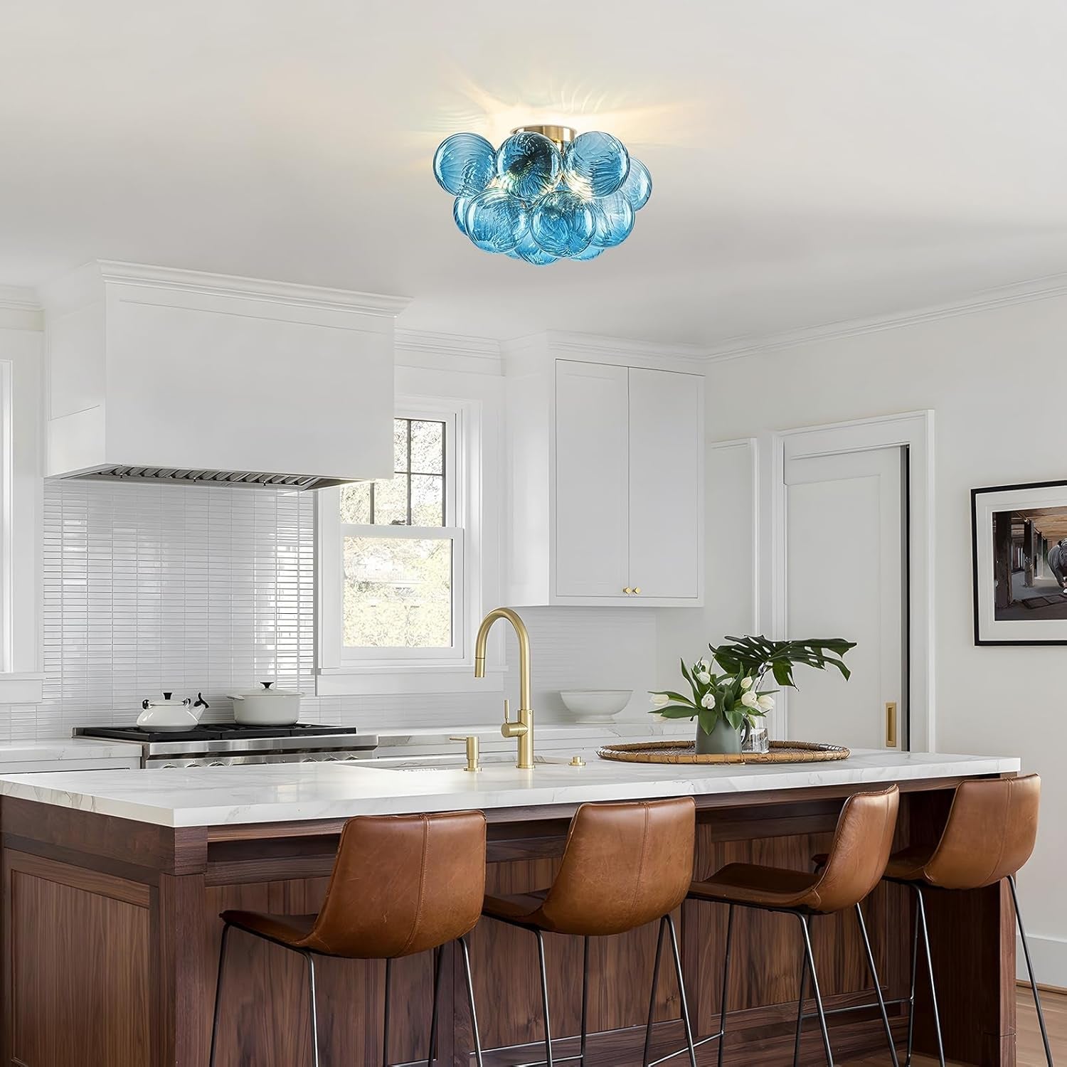 Flush Mount Chandelier Brilliant Blue Glass Globes-1