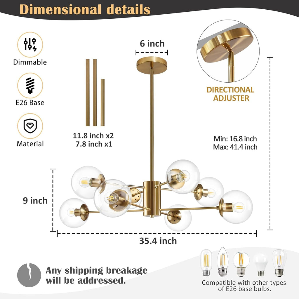 Eight Light Globe Sputnik Chandelier Brushed Brass