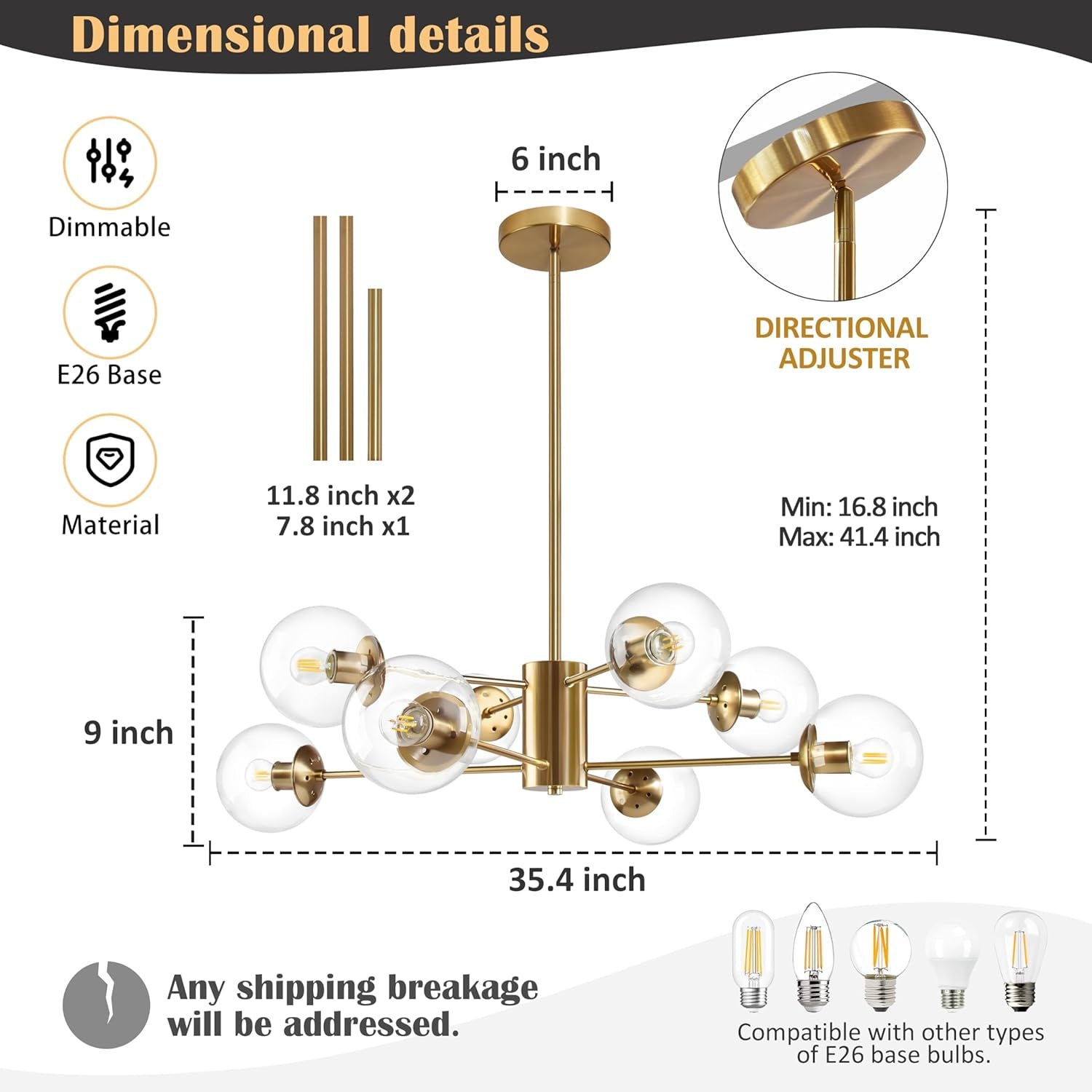 Eight Light Globe Sputnik Chandelier Brushed Brass