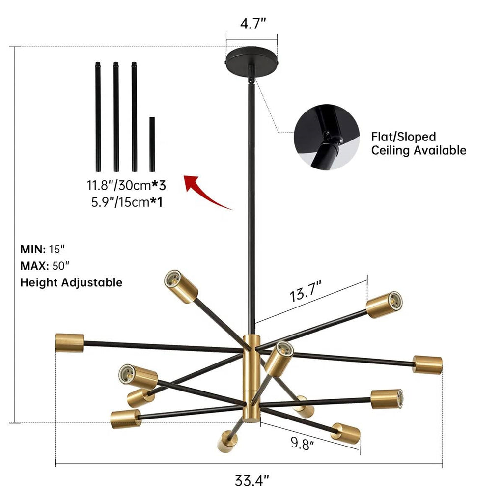 33-inch Modern 12-Light Dimmable Sputnik Chandelier in Black/Gold Finish