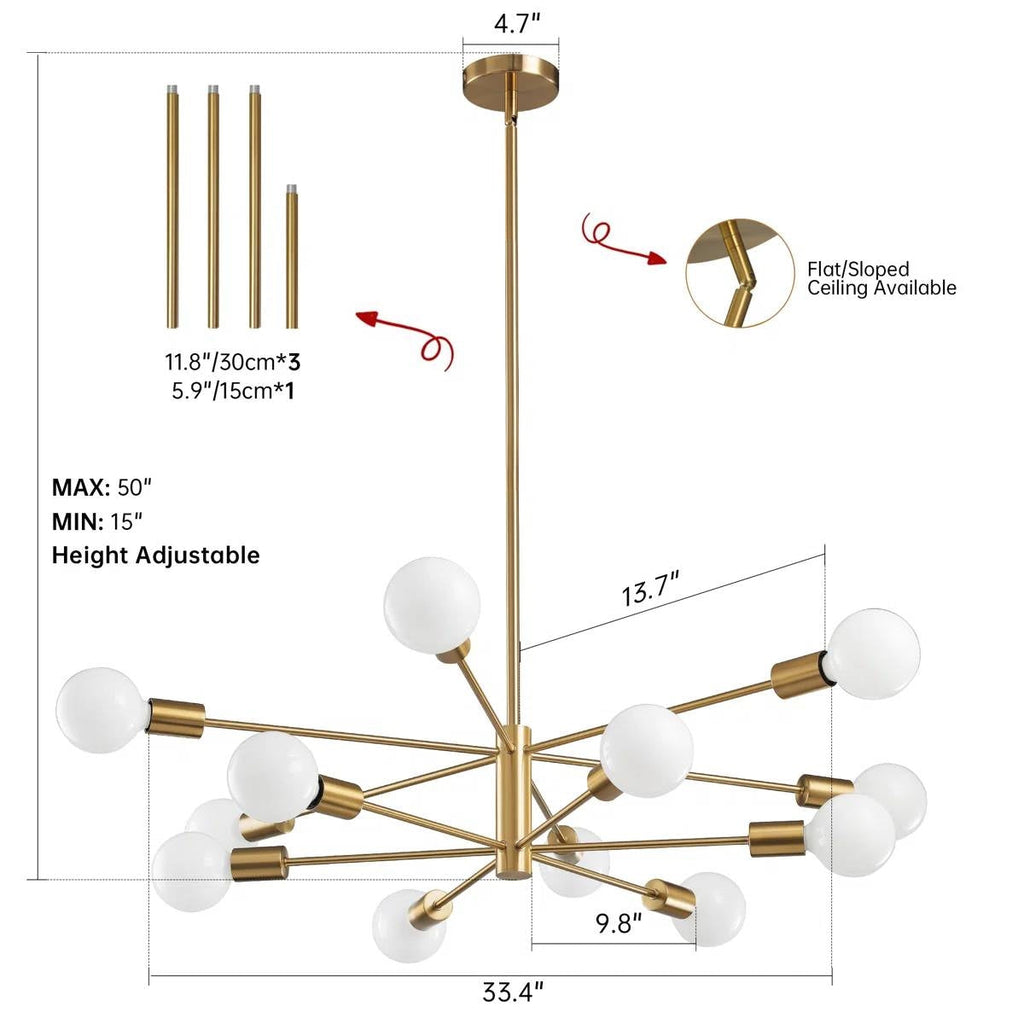 Gold 33-inch Modern 12-Light Dimmable Sputnik Chandelier Lamp