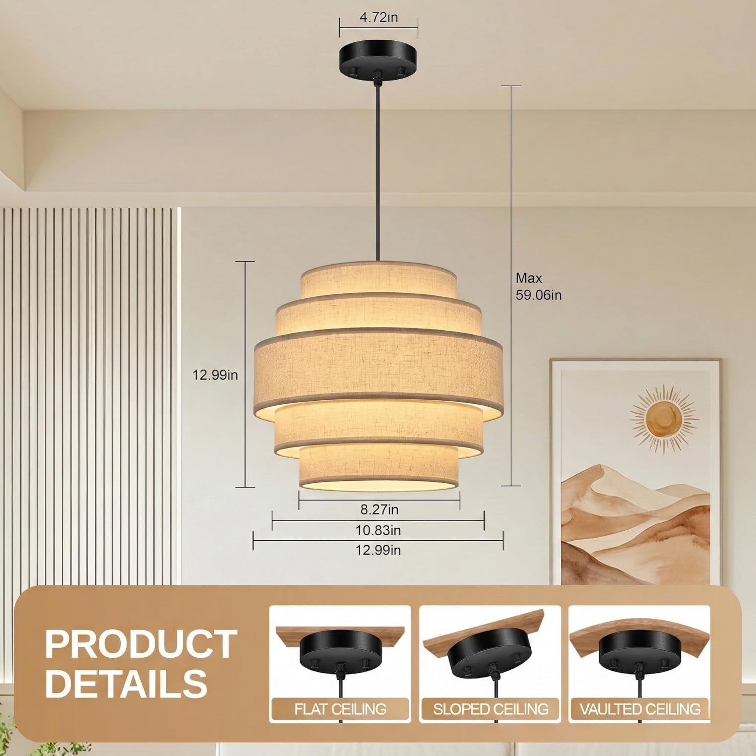 Five-Tier Linen Pendant Light Beige -3