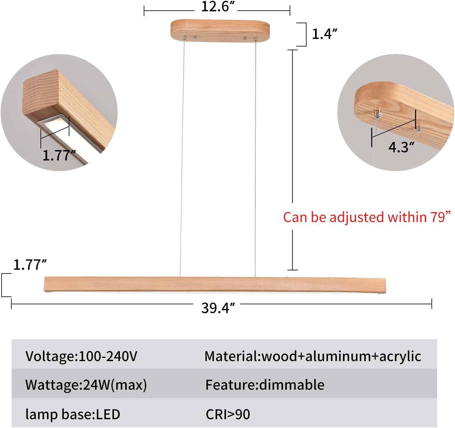 39 Inches Natural Wood Dimmable Pendant Light Fixture-1
