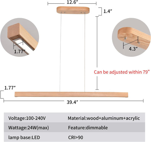 39 Inches Natural Wood Dimmable Pendant Light Fixture-1