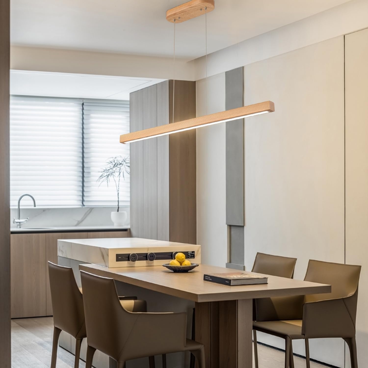 39 Inches Natural Wood Dimmable Pendant Light Fixture-4
