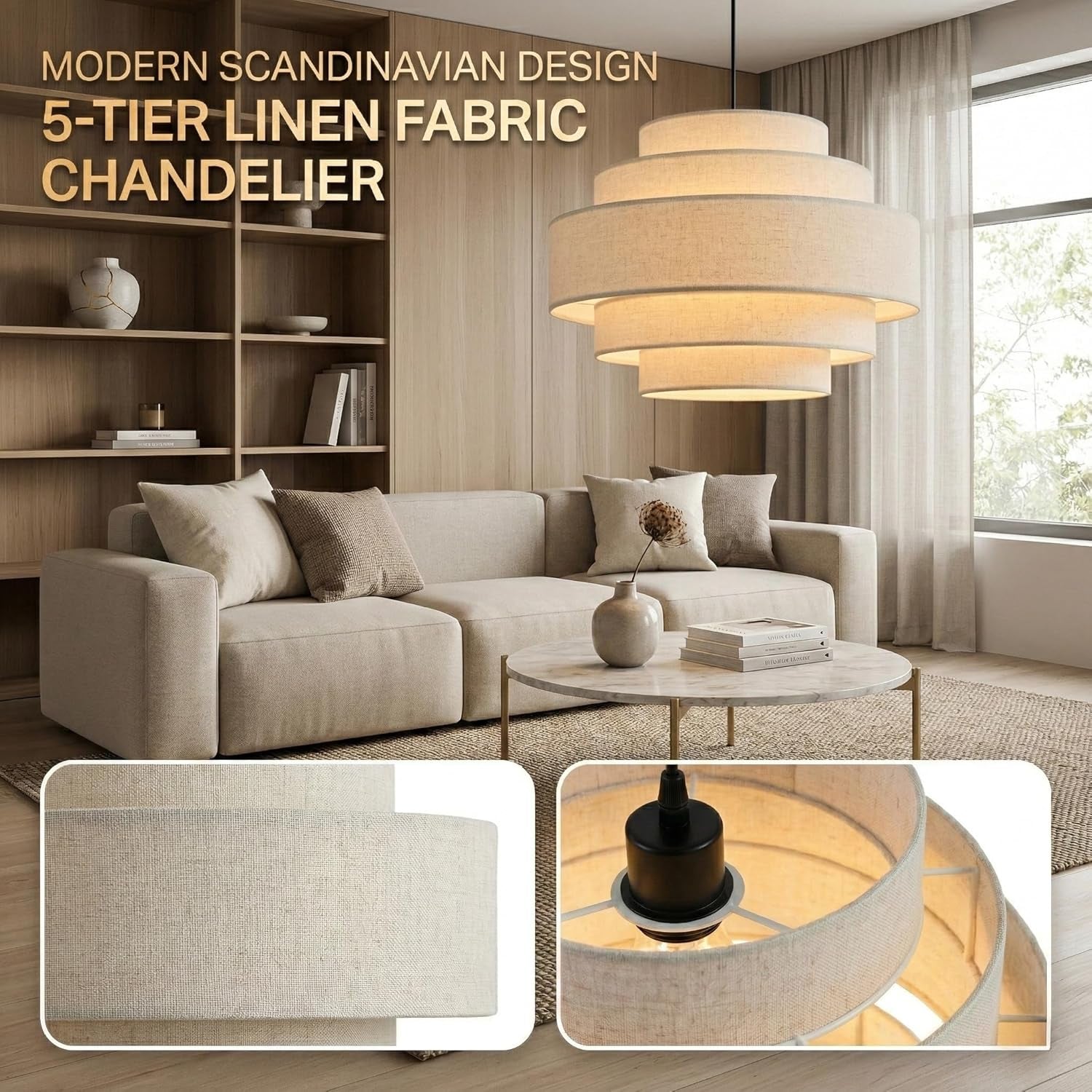 Five-Tier Linen Pendant Light Beige -1